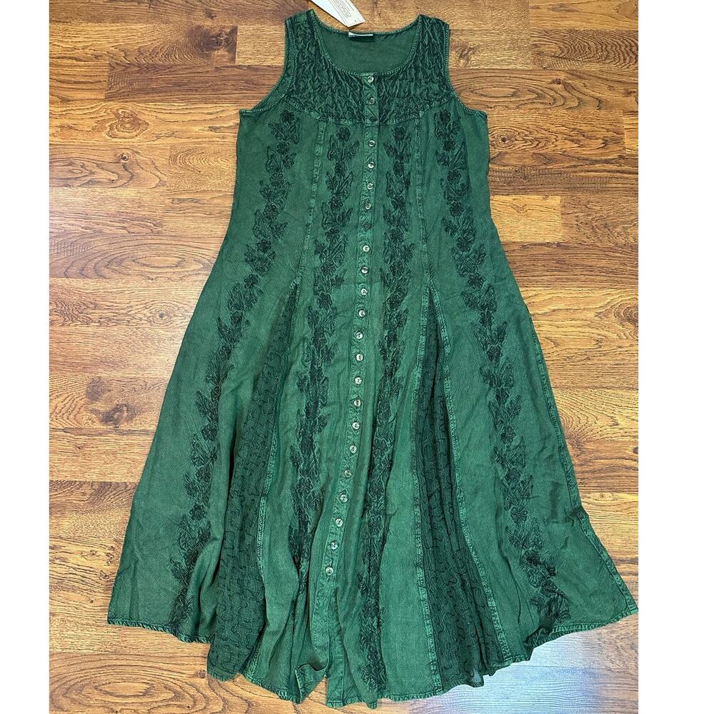 Holy Clothing Maya Embroidered Button Down Dress Green L/XL NWT Fairycore Whimsy